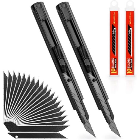 Lot de 2 Cutters avec 20 Lames 9 mm 30°, Chariot en Aluminium, Lames sécables, Système de blocage sécurité, pour l'artisanat d'art à domicile de bureau, Noir (1/5)