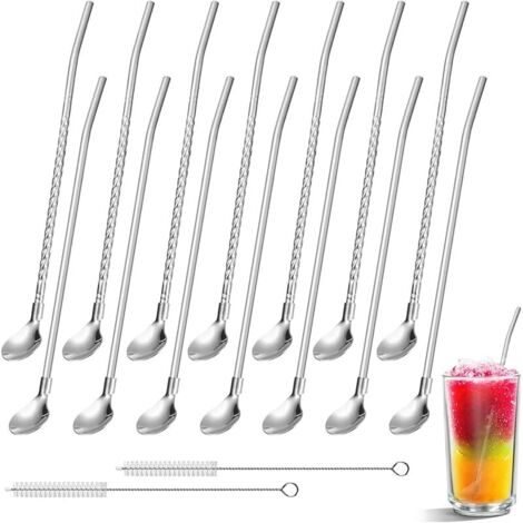 14 Pièces Cuillère Paille À Cocktail Inox, Cuillère Paille Reutilisable avec 2 Brosses de Nettoyage, Pailles Avec Cuillère 2 en 1 Pailles A Granité pour les Shakes, Cocktails, Smoothies (1/5)