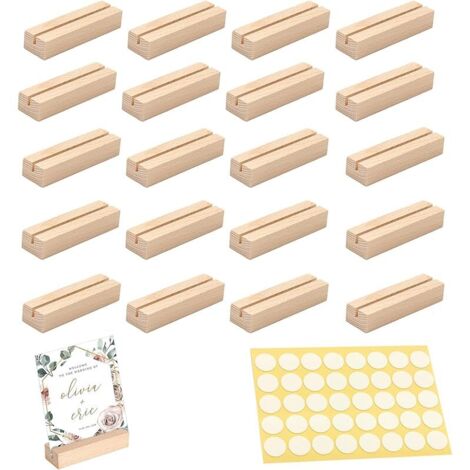 20 Pièces Porte Carte Bois, 10 x 3 x 2cm Support Photo Décoration Domicile, Supports Menu Table Hêtre, Porte Numéro Cartes pour Banquets, Fêtes, Mariages, Restaurants, Conférences (Fente 3mm)