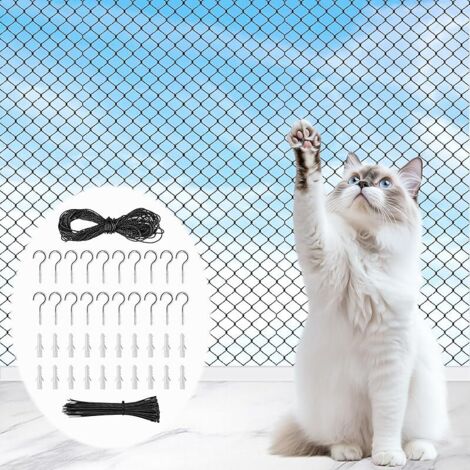 4 x 3m Filet Chat Balcon avec Corde, Crochet Fixation, Vis, Grillage Fenetre Sécurité Renforcé, Filet Protection Chat Sans Percage, Filets Chats pour Terrasses, Fenêtres, Balcons, Couloirs (Noir)