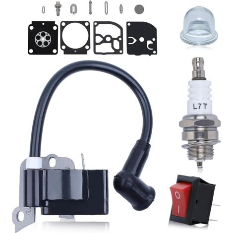 Bobine d'allumage pour Stihl FS38 FC55 FS45 FS46 FS55 HL45 HS45 KM55, avec Kit de réparation de Carburateur, Bougie d'allumage, Bulle d'huile, Interrupteur Universel pour Tronçonneuse (1/5)