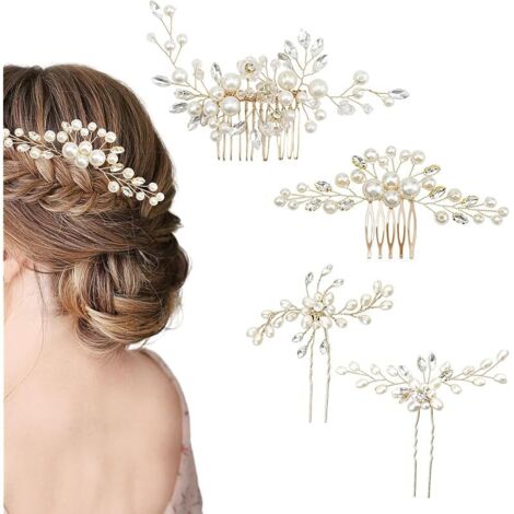 4 Pièces Pince Cheveux Mariage, Peignes et Épingles avec Perles et Strass, Accessoire Cheveux Mariage Femme, Élégant et Durable, pour Mariée, Cérémonie et Fête (1/5)