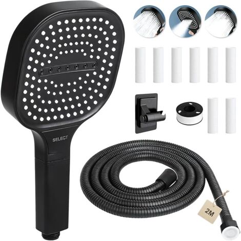 Pommeau de douche anti calcaire avec Tuyau 2m Pommeau de douche haute pression avec 3 modes douchette douche salle de bain pommeau douche Carré grand, 8 filtre, Support de Douche(noir) (1/5)