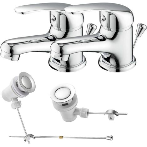Lot de 2 robinets de lavabo avec tige de traction et vidage - Mitigeur monocommande en laiton pour petit lavabo - Robinet de salle de bain pour WC d'invités avec tuyau de raccordement G3/8 (1/5)