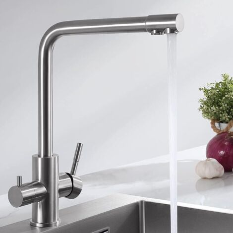 PURE-I Robinet Cuisine 3 Voies, Mitigeur d'Évier avec Deux Sorties D'eau: Eau Filtrée et Eau Chaude/Froide - Bec Orientable 360° en Acier Inoxydable 304 Brossé (1/5)