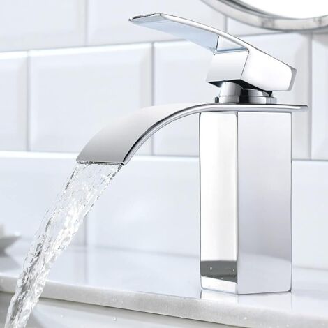 Robinet Lavabo Cascade, Robinet Salle Bain avec l'Eau Froide et Chaude Disponible, Mitigeur Lavabo en Laiton et Inox 304 de Super Qualité Design Élégant et Stylé, Hauteur 152 mm (1/5)