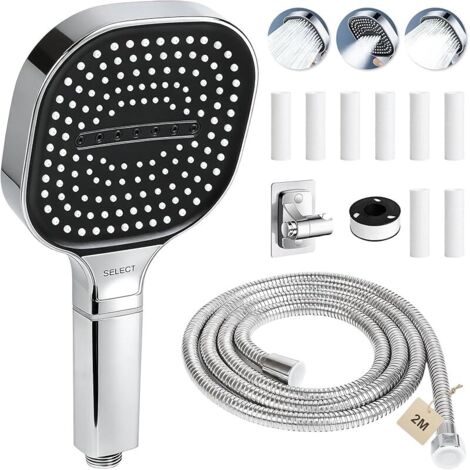 Pommeau de douche anti calcaire avec Tuyau 2m Pommeau de douche haute pression avec 3 modes douchette douche salle de bain pommeau douche Carré grand, 8 filtre, Support de Douche(argent) (1/5)