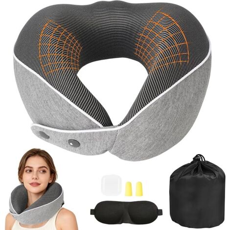 Coussin de Voyage 360°, Oreiller de Voyage en Mousse à Mémoire de Forme avec Bouchons d'oreilles, Cache Yeux Ergonomique Coussin de Support Cervical pour Avion, Train, Bureau et Voiture (1/5)