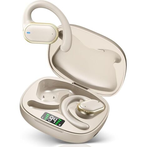 Casque de Sport sans Fil, Casque Bluetooth 5.3 Ouvert, avec Micro HD et Annulation du Bruit ENC, Basses Améliorées, Affichage LED, Casque Bluetooth étanche IPX7 pour iOS et Android, Nude (1/5)