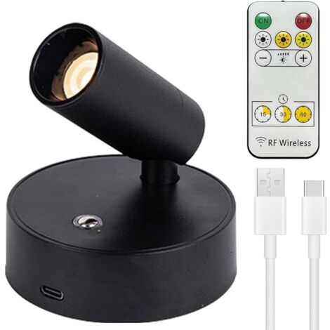 Spot LED sans fil - Batterie rechargeable par USB - Avec télécommande - 3 températures de couleur - Intensité variable - Lampe murale rotative avec fonction de minuterie - Pour art, plantes, portraits