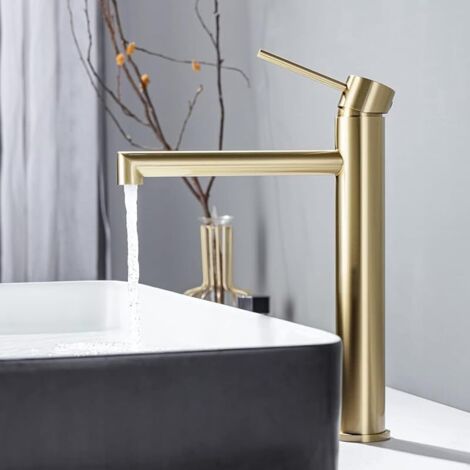Robinet Vasque à Poser Doré, Mitigeur Haut pour Vasque, Robinet de Lavabo Haut Salle de Bains en Acier Inoxydable Résistant à l'usure, Mousseur Remplaçable, Or (1/5)
