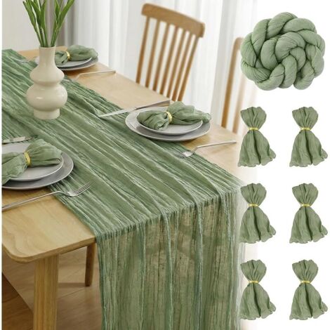 Chemin de Table Vert Sauge 300 x 90cm Chemin de Table en Gaze Boho Chemin de Table Tissu Table Runner Decoration Table de Cuisine Vacances Mariage Fête,6 Serviettes de Table avec Anneaux