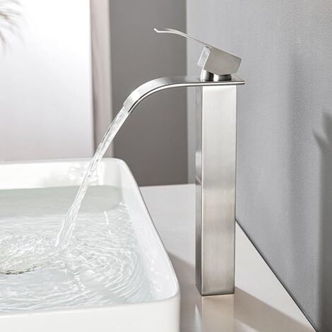 Robinet Salle de Bain Noir Cascade Moderne, Robinet Lavabo avec Bec Haut 180mm en Acier Inoxydable, Mitigeur Lavabo Eau Chaude Froide pour Salle de Bain (Brossé) (1/5)