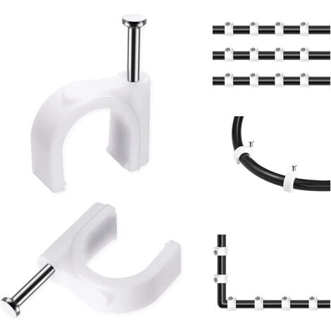 Lot de 100 clips de câble ronds blancs résistants et durables de 8 mm, Attache Câble, Range Câble, Fixation Câble électrique, Clips Câble, (1/5)