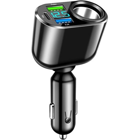 111W Chargeur de Voiture USB C, Adaptateur Allume-Cigare avec Type C, 90W Charge Rapide, 66W Super QC3.0, 30W Chargeur PD, et Voltmètre LED Intégré pour Voitures, Camions - Noir (1/5)