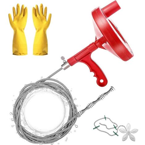 Déboucheur à Manivelle de 7.7 M, Furet Déboucheur, Serpent de Plomberie Tarière de Vidange, pour la Cuisine/Lavabo/Drain de Baignoire/Toilette, avec Gants et Protecteur de Drain de Douche (1/5)