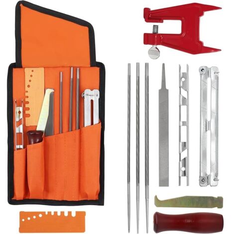 Kit d'affûtage Universel pour Tronçonneuse, Jeu de Limes pour Aiguiser Les Semis de Chaîne avec Limes, Poignées en Bois, Jauge de Profondeur, Guide de Polissage, Sac à Outils et Vis de Banc (1/5)