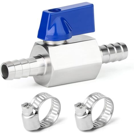 1 pièce de robinet à boisseau sphérique à raccord cannelé de 8 mm avec 2 colliers de serrage, mini-vanne d'arrêt en acier inoxydable 304 pour irrigation goutte à goutte et aquariums (1/5)