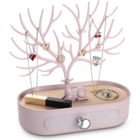 Arbre Porte Bijoux avec Tiroirs, Support Présentoir à Bijoux pour Boucles D'oreilles, Colliers, Bracelets et Bagues, Plastiques, Poignée Plaquée Argent (1/5)