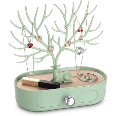 Arbre Porte Bijoux avec Tiroirs, Support Présentoir à Bijoux pour Boucles D'oreilles, Colliers, Bracelets et Bagues, Plastiques, Poignée Plaquée Argent (1/5)