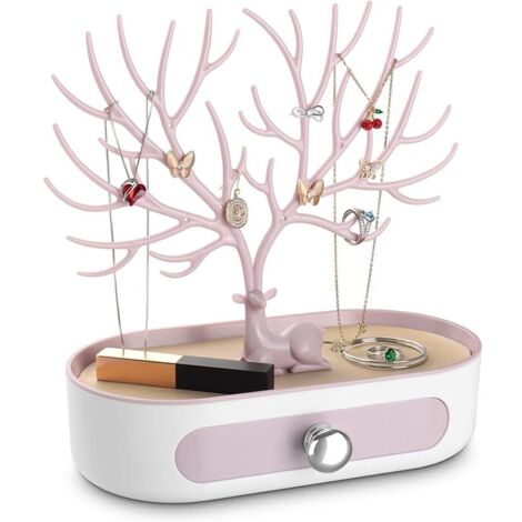 Arbre Porte Bijoux avec Tiroirs, Support Présentoir à Bijoux pour Boucles D'oreilles, Colliers, Bracelets et Bagues, Plastiques, Poignée Plaquée Argent (1/5)