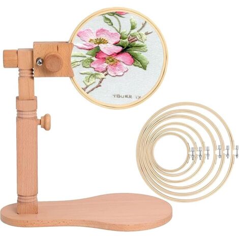 Support pour Point de Croix en Bois avec Tambour à Broder de Tailles Différentes, Support de Broderie pour Table en Bois Réglable Haut et Angle, Outils de Couture Réglables par (1/5)