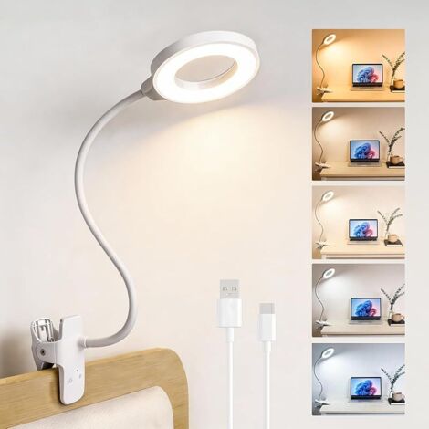 Lampe de Bureau Pince, 5 modes de couleur et 5 niveaux de luminosité, Lampe Lecture Clipsable LED Rechargeable, Flexible à 360°, pour Étude et Travail, Blanc (1/5)