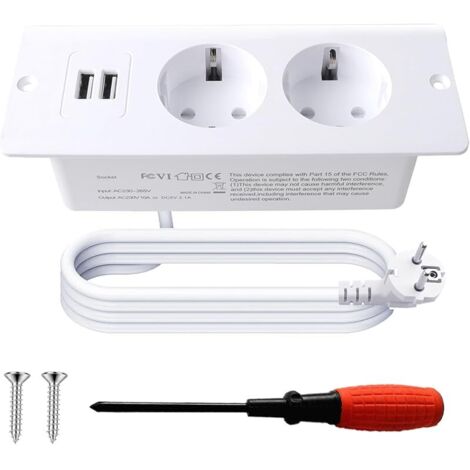 Prise Encastrable Plan de Travail avec 2 USB Double Prise Encastrable de Table Multiprise Encastrable de Table pour Cuisines avec câble de 1,5 m pour Cuisines Bureaux Salle de Réunio-Blanc