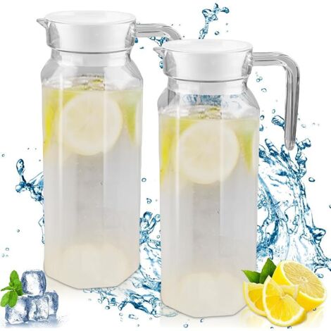 Lot de 2 pichets en acrylique avec couvercle, carafe à eau de 1,1 l, pichet en acrylique incassable pour jus de lait, thé glacé, jus, limonade (1/5)