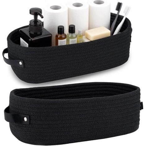 2 Pièces Panier de Rangement Tressé en Corde de Coton, Taille 33×15×10 cm, Petits Paniers de Rangement avec Poignées en Cuir pour Salle de Bain, Chambre, Cuisine et Étagère (Noir)