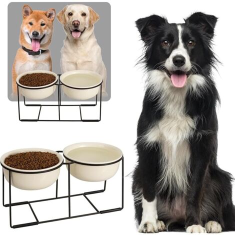 Gamelle Chien Surelevee Ceramique Double - Lot de Grand Bol Chien avec Support en Métal Antidérapant - Gamelles Chiens pour Nourriture et Eau - Idéal pour Chiens Moyens et Grands - 2 x 1600 ml - Beige