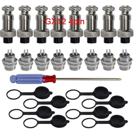 8Pcs GX12 4-Broches Aviation Connecteur, 5A 12mm Mâle & Femelle Métal Panneau Aviation Connecteur Fiche Prise, avec Caoutchouc Capuchon et Tournevis (1/5)