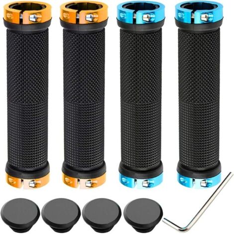 2 Paire Premium Poignées de Vélo, Poignée de Velo Ergonomique, Poignée de Guidon de Vélo en Caoutchouc Antidérapant, Poignée VTT Poignée BMX, Protecteur de Guidon de Vélo (Doré + Bleu) (1/5)