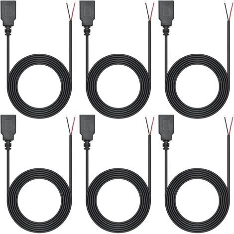 6 Pcs Fil nu Femelle USB 2.0 12V/3A à 2 Broches, Câble d'alimentation à extrémité ouverte en queue de cochon de 1m USB A à 2 fils (1/5)