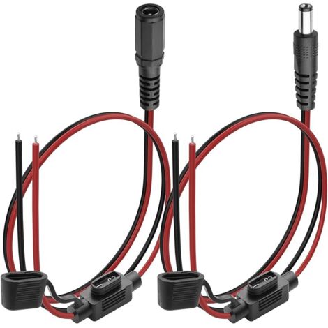 1 paire de câbles d'alimentation CC avec fusible, 35 cm, 20 AWG, DC 5,5 mm x 2,1 mm, prise mâle + femelle vers fil nu à extrémité ouverte, câble de réparation (1/5)