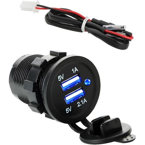 Prise de Chargeur USB, Double Prise d'alimentation Universelle étanche, Sortie 12 V-24 V 5 V 2,1 A Chargeur Rapide avec Chargeur LED (Bleu) pour Bateau, vélo (1/5)