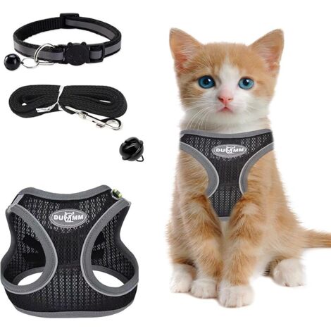 Harnais pour Chat avec Laisse Anti-éclatement, Harnais réglable pour Chat, Doublure Lombaire Douce et Maille Respirante avec Bandes réfléchissantes, pour lentraînement en Plein air (Noir XXS) (1/5)