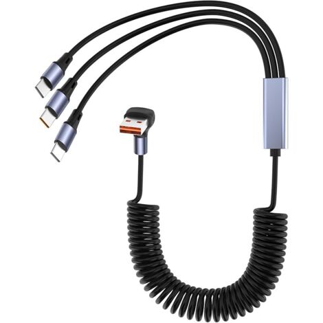 66W Câble de chargement en spirale à 90 degrés USB A vers Multi USB Type C pour téléphone/voiture, câble splitter à 6A à angle droit pour charge rapide et transfert de données (USB A vers 3 (1/5)