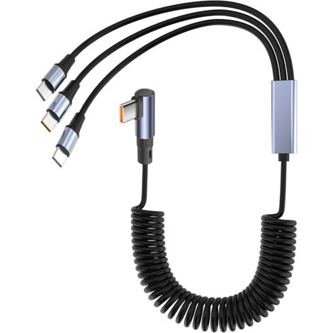 Câble USB-C spiralé 3 en 1 avec angle droit de 90 degrés, câble de charge rapide, câble de charge répartiteur USB-C à 3 ports pour plusieurs appareils (3 types C) (1/5)