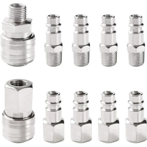 10 Pièces 1/4" BSP Coupleur Pneumatique d'air Kit, Raccord Rapide Pneumatique Européen, Compresseur Raccord d'Air, pour Tuyau Compresseur, Argent (1/5)