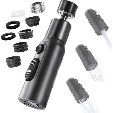 Aérateur de Robinet, 360° Pivotant Embout Robinet Cuisine avec 3 Modes Douchette Mousseur Robinet Economie Eau, Adaptateur Economiseur D'eau Pour Robinet Salle De Bain lavabo (Noir) (1/5)