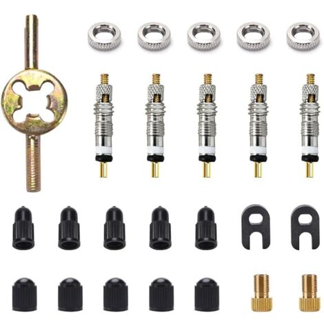 Kit de Remplacement de Valve Sclaverand 25 Pièces - Adaptateur Presta, Outils Pneus Vélo, 5 Valves, 2 Adaptateurs Schrader, Bouchons, 2 Clés, 5 Écrous (1/5)