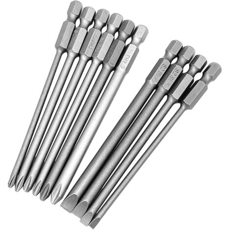 Lot de 10 embouts de tournevis hexagonaux 100 mm extra longs magnétiques cruciformes et fente 1/4" (1/5)