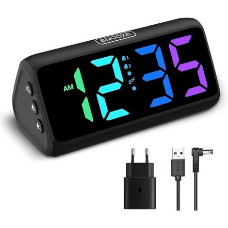 Réveil Forte pour Les Dormeurs Profonds, réveil RGB pour la Chambre, Les Personnes âgées, Enfants, Réveil Numérique Enfichable avec 5 Niveaux de Luminosité, 4 Niveaux de Volume (Noir) (1/5)