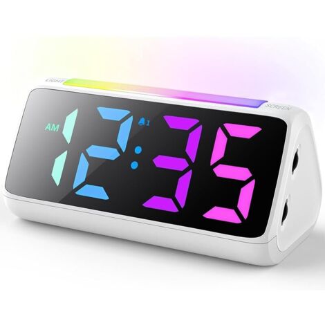 Réveil Numérique pour Enfants avec Lampe, Affichage LED Couleur, Gradateur de Luminosité 0 - 100%, 2 Réveils, Volume d'alarme 3, Réveil pour Les Garçons et Les Filles Dans la Chambre à Coucher (Blanc) (1/5)
