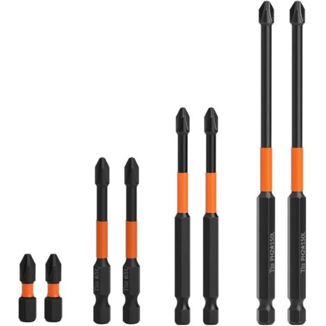 Lot de 8 embouts de tournevis cruciforme PH2 magnétiques 1/4" - Tige hexagonale antidérapante Philips - Jeu d'embouts S2 en acier - Longueur : 25/65/90/150 mm