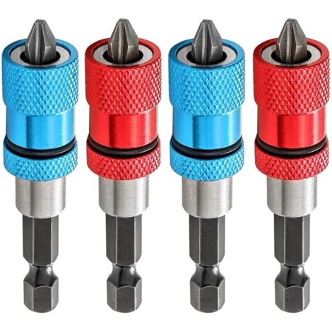 4pcs Porte-Embouts Magnétique avec Profondeur de Vissage Réglable Tige Hexagonale 1/4" Drywall Screwdriver Bit Holder Comprend 4 Têtes de Tournevis PH2 pour Cloison Sèche Bit (Rouge+Bleu) (1/5)