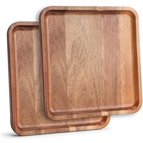 Lot de 2 plateaux de service carrés en bois d'acacia, 20,1 cm x 20,1 cm pour café, fruits, pain, fromage (1/5)