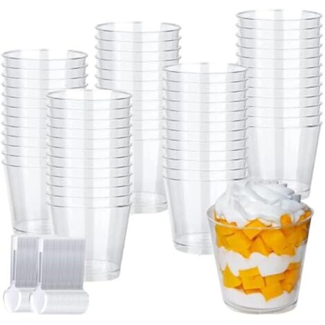 50 pièces Tasses à Dessert, avec cuillère transparente,Gobelets à dessert transparents - Réutilisables - Gobelets à dessert ronds pour la maison, les desserts, le pudding, la mousse, la crème (200 ml (1/5)