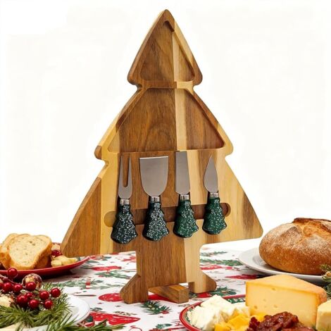 Planche de service en bois d'acacia en forme d'arbre de Noël - Ensemble de charcuterie double face avec 4 couteaux magnétiques et support rotatif - Plateau de fromage festif en cadeau pour collations (1/5)